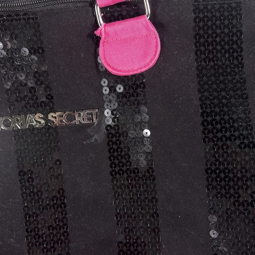 Victoria's Secret Tote Bag Womens Large Black Pink Sequin Weekender Travel Beach